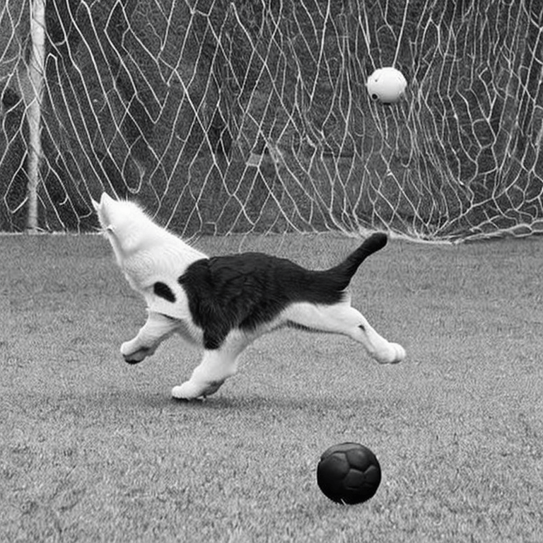 A dog like creature scoring a goal into a soccer web