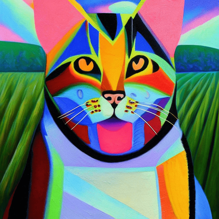 A painting of a furry old cat in the middle of a field during sunset, ultra-realistic, cubism