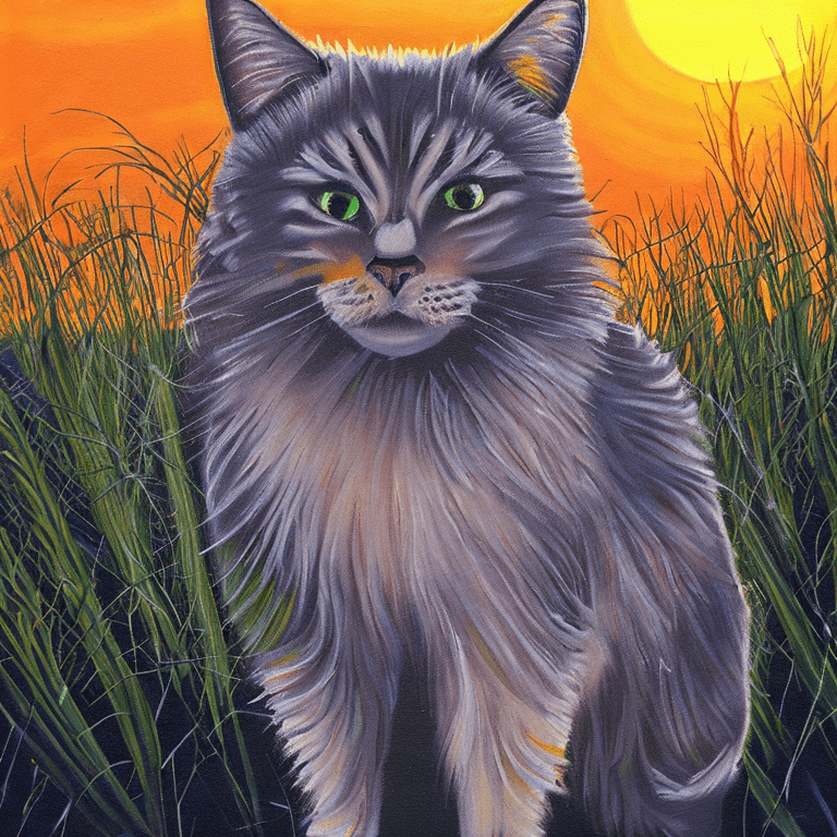 A painting of a furry old cat in the middle of a field during sunset, ultra-realistic
