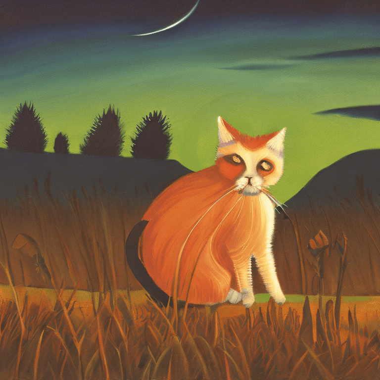 A painting of a furry old cat in the middle of a field during sunset, moonlight, fire