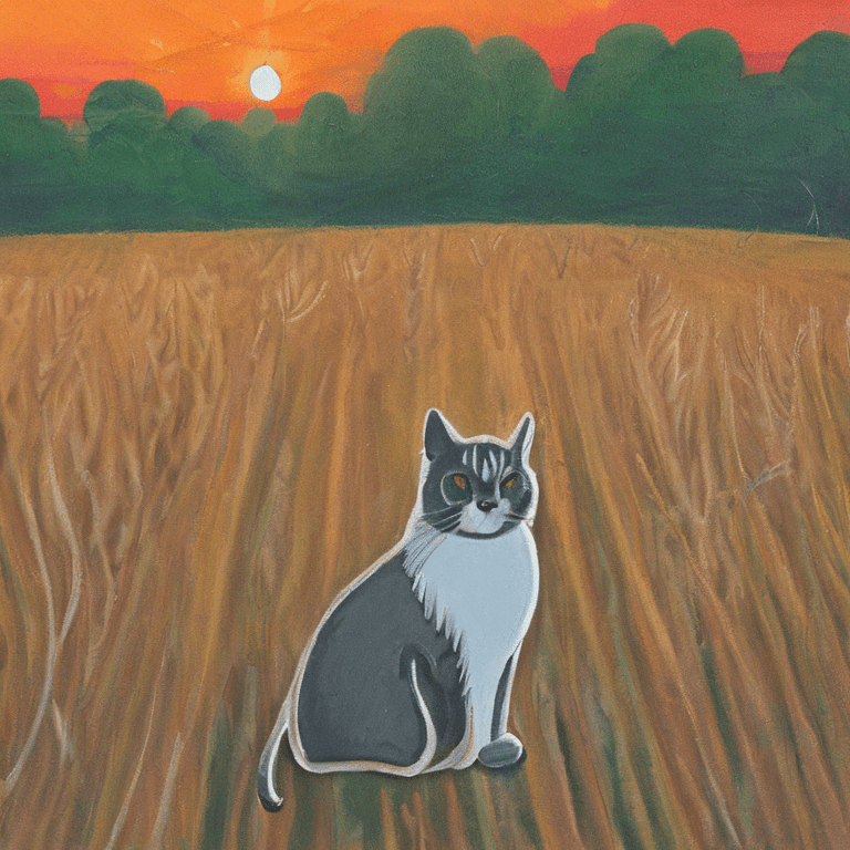 A painting of a furry old cat in the middle of a field during sunset
